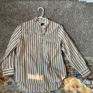 J Crew Blouse taupe white stripe. Diamond buttons. Glam yet tailored!